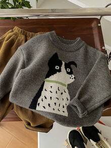 Boys' Cartoon Christmas Pullover Sweater, Grey Thick Warm Knitted Crew Neck Sweater, Fashion Kids Wooly Top For Autumn/Winter