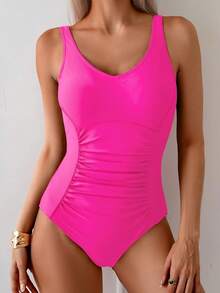 Traje de baño de una pieza con diseño fruncido y control de abdomen - Rosa Fucsia - Ver 9