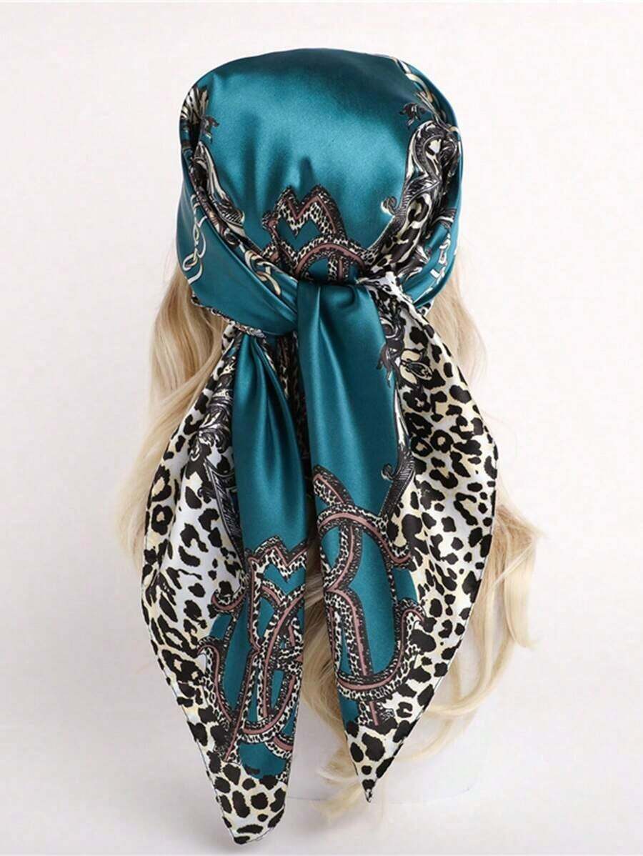 1pc Women Bandana 90cm Minimalist Olive Green Leopard Print Scarf, Multifunctional Use As Waist Belt, Decoration, Headscarf, Neckscarf, Shawl, Wrap Dress, Fashion Accessory With Boho Vibe, Versatile For All Seasons, Suitable For Halloween, Christmas Accessories - 墨綠色 - 查看 1