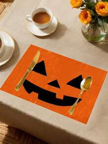 1 pièce/4 pièces/6 pièces/48 pièces Sets de table à motif de visage de citrouille d'Halloween, sets de table de décoration d'Halloween pour la maison, sets de table de décoration de fête d'Halloween, décoration d'automne et d'Halloween pour la maison, style vintage, matériau similaire au lin, fournitures de fête d'Halloween pour la maison, l'intérieur et l'extérieur, décoration thématique d'Halloween, décoration de pièce. Convient pour la décoration de cuisine à la maison et la décoration de fête d'Halloween
