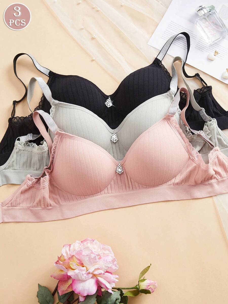 3件套女士纯色无缝蕾丝条纹文胸套装，舒适无钢圈，固定罩杯，可调节肩带，休闲运动文胸 - 彩色 - 查看 1