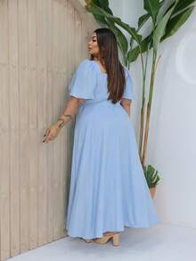 Luxury Plus Size Long Dress With Smooth Crepe And Short Sleeves - 淺藍色 - 查看 2