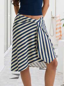 Women Summer Midi Skirts Casual Elegant Solid/Stripe/Plaid Print A-Line Skirt For Beach Vacation Streetwear - 藍色 - 查看 3