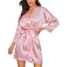Satin Silk Robe Bathrobe Women Silk Pajamas Striped Printing Sleepwear Robes Sexy Robes Nightgown Pajamas - Pink - View 4