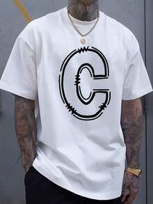Maglietta da uomo a maniche corte con scollo tondo e stampa della lettera C, semplice e alla moda, comoda e divertente maglietta sportiva casual adatta per il tempo libero delle vacanze primaverili ed estive.