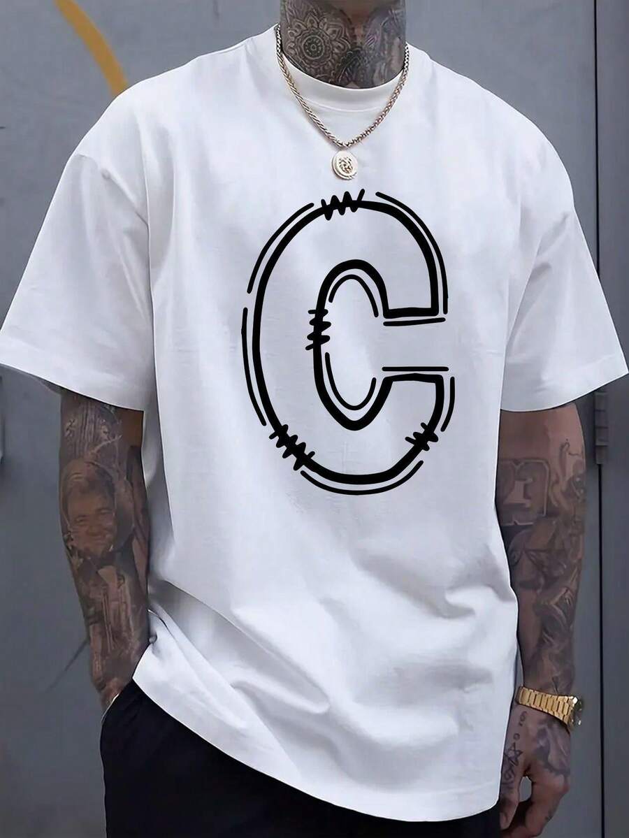 Maglietta da uomo a maniche corte con scollo tondo e stampa della lettera C, semplice e alla moda, comoda e divertente maglietta sportiva casual adatta per il tempo libero delle vacanze primaverili ed estive.