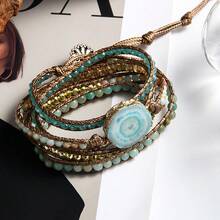 1pc Bohemian Style 5-Strand Natural Stone & Glass Handmade Braided Wrap Bracelet, Asymmetrical Agate Sunflower Connector Bracelet, Women Holiday Gift - BR1076 - View 7
