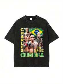 Charles Oliviera T-Shirt UFC Fighting Champion Vintage Washed Short Sleeve Oversized T-Shirt 6 Sizes Available Harajuku Sweatshirts Tops Tees Men - 黑色 - 查看 1