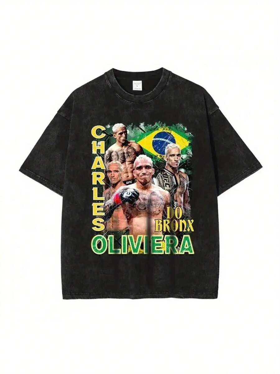 Charles Oliviera T-Shirt UFC Fighting Champion Vintage Washed Short Sleeve Oversized T-Shirt 6 Sizes Available Harajuku Sweatshirts Tops Tees Men - 黑色 - 查看 1