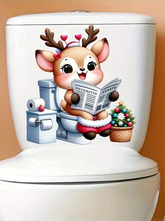 1 pieza Pegatina de tanque de inodoro de reno navideño - Pegatina de tapa de inodoro de Papá Noel en trineo de renos Decoración de baño autoadhesiva de PVC festiva de 29,5 x 29,5 cm / 30 x 30 cm para cubierta de asiento de inodoro de cerámica Decoración de pared de baño Pegatinas de pared Pegatinas Decoración del hogar Decoraciones navideñas Decoraciones navideñas para el hogar