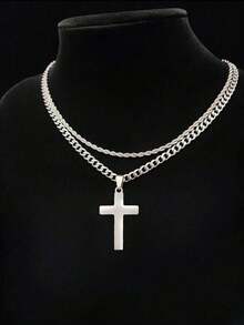 2pcs Set Of Men's Rhinestone-Decorated Cuban Twist Chain Necklace With Cross Pendant, Fashionable And Versatile Accessory For Men And Women, Perfect For Holiday Gifts