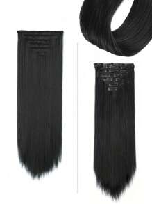 18-32 Inch Straight Clip-In Hair Extensions, 7pcs Set, 16 Clips, Ombre Color, Heat Resistant Fiber, For Women & Girls, Black Long Straight Ombre Hair Extensions, Heat Resistant Fiber, Women Hair Style - Black - View 10