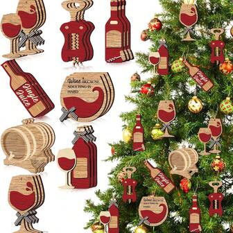 8 piezas/16 piezas/24 piezas/32 piezas Decoraciones navideñas para botellas de vino, decoraciones navideñas de madera para botellas de vino para el árbol de Navidad, adornos colgantes para fiestas. Las decoraciones navideñas de madera para botellas de vino vienen en 8 formas diferentes con temas de vino, desde botellas de vino hasta barriles, sacacorchos hasta copas de vino; cada diseño encantador viene en un conjunto, lo que lo convierte en una colección deliciosa. El color rojo captura la esencia del vino, complementando perfectamente el fondo de madera. Decoraciones navideñas para el hogar, decoración de habitaciones, decoraciones navideñas de invierno, regalos navideños, decoración navideña