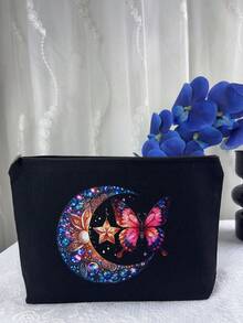 1 pièce Sac de maquillage avec motif papillon et lune, design imprimé double face, cadeau pour femmes, pochette de cosmétiques pour demoiselles d'honneur/enterrement de vie de jeune fille