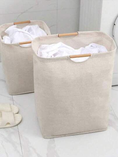 1 pieza Cesta de ropa sucia de algodón y lino, cesta de ropa sucia del hogar, cesta de lavandería de tela plegable y portátil, cesta de almacenamiento de lavandería para dormitorio y baño, cesta de almacenamiento plegable simple con asa de madera, cesta de almacenamiento plegable de gran capacidad para muñecas y juguetes