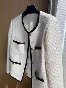 Women's Classic Regular Jacket, Tweed Fabric, Long Sleeve V-Neck Design, With Pockets And Black Trim Details, Non-Stretch