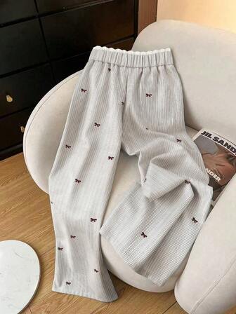 女装新款时尚商务休闲通勤优雅条纹蝴蝶图案腰带蕾丝腰带花卉直筒宽松大码裤子，秋季