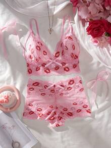 Rosa Spitzen-Lingerie-Set mit Lippen-Muster, charmant und sexy