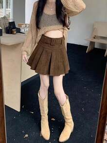 新款秋季高腰百褶迷你裙，配腰带 - 咖啡棕 - 查看 5