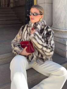 女士动物纹人造毛皮外套，冬季长袖立领蓬松加厚保暖时尚休闲毛皮大衣 - 黑色 - 查看 5