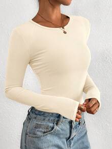 PRETTYGARDEN Women Spring And Fall Long Sleeve Shirts Clothes Cute Going Out Tops Ribbed Tight Fitted Plain Basic Tee Tshirts Vacation Outfits For Women - 米色 - 查看 4