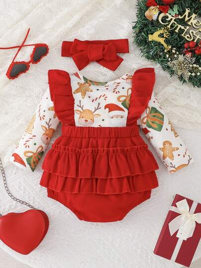 2pcs Baby Girl Christmas Gingerbread Cartoon All-Over Print Romper & Headband Set, Autumn/Winter
