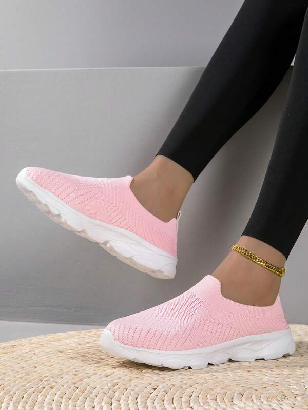 Women's Pink Breathable Knit Casual Flat Slip-On Shoes, Lightweight & Comfortable