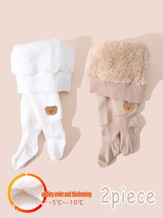 2件装女宝宝纯色加厚罗纹紧身裤，卡通人物装饰，超暖秋冬