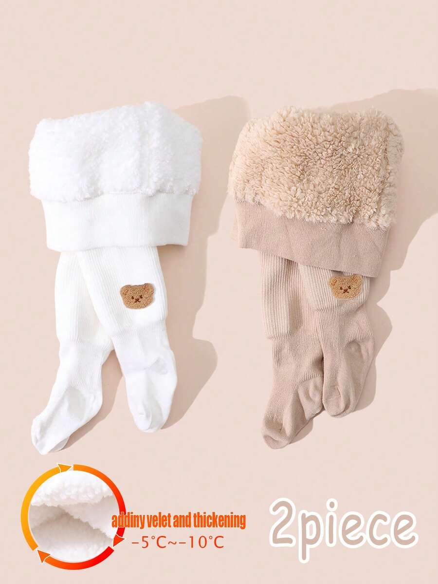 2pcs Baby Girls' Solid Color Thick Ribbed Tights, Cartoon Character Decor, Super Warm For Autumn/Winter