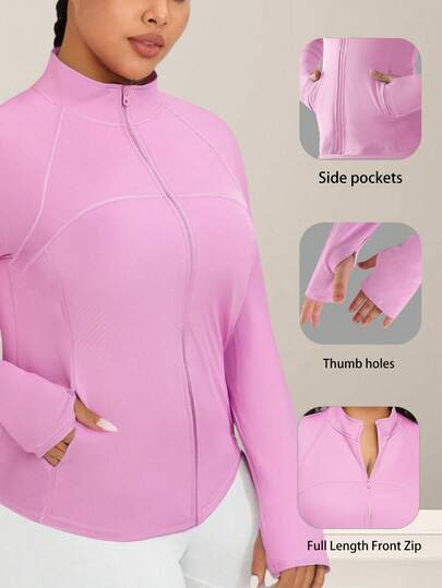 Plus Size Women's Sports Jacket, Solid Color Slim Fit Sports Jacket With Thumb Hole Cuffs, Side Pockets, Breathable Stretchy Long Sleeve Yoga Running Fitness Jacket