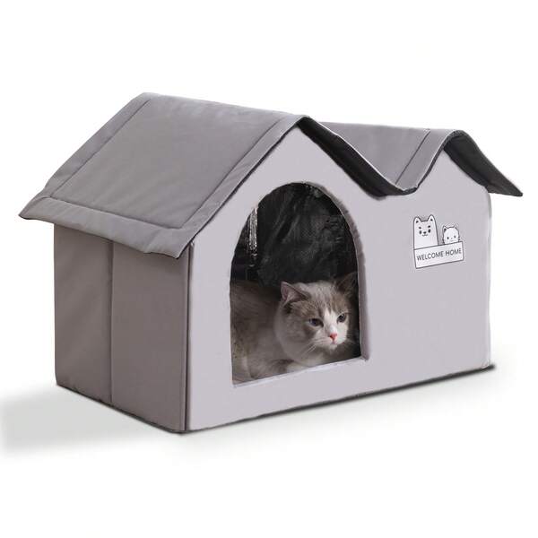 مأوى كلاب وقطط قابل للطي مقاوم للماء بتصميم سقف مزدوج، مأوى معزول وساخن أنيق للكلاب والقطط صغيرة ومتوسطة الحجم