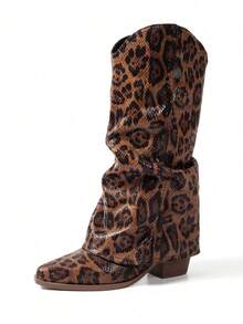 Leopard Print Pointed Toe Mid-Heel Tall Boots, Anti-Slip Leg Warmers Boots, Versatile Slouchy Knee-High Riding Boots For Women - Multicolor - View 2