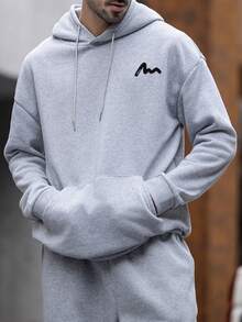 Men's Graphic Print Drawstring Hoodie Sweatshirt, Fall Winter, Long Sleeve Top - Grey - View 3