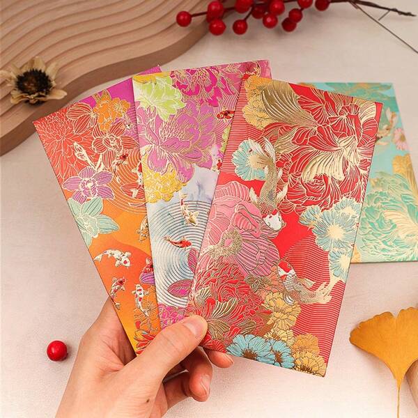 [6pcs Chinese New Year Red Envelopes] 2025 Chinese New Year Red Floral Lantern Design Red Envelope, Lucky Money Envelope, Multi-Color Holiday Thank-You Card, Suitable For Weddings, Birthdays, Business Celebrations, And Lunar New Year Gifts, With Gold Accents