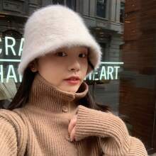 女士纯色涤纶柔软羊毛秋冬渔夫帽，白色兔毛装饰修脸简约韩版/日系风格保暖毛绒渔夫帽秋季服装 - A - 查看 1