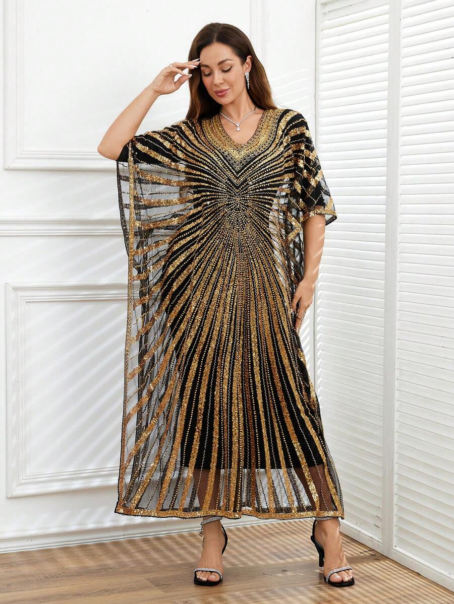 JINLICX 大码奢华优雅金色串珠亮片休闲长袍连衣裙，适合宴会和派对，春夏系列 - 金色 - 查看 1