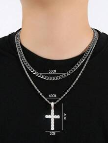 2pcs Set Of Men's Rhinestone-Decorated Cuban Twist Chain Necklace With Cross Pendant, Fashionable And Versatile Accessory For Men And Women, Perfect For Holiday Gifts
