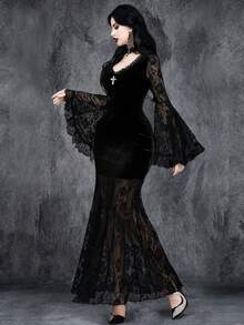 女士哥特性感复古暗黑万圣节浪漫蕾丝拼接天鹅绒V领交叉女巫袖角色扮演派对连衣裙，带弹力 - 黑色 - 查看 4