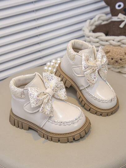 1 Pair Children's Fashion New Smooth PU Material Hook And Loop Design Convenient To Wear, Bow Decor, Non-Slip Soft Durable Outsole Chelsea Boots, Suitable For Girls To Wear To School, Outdoor, Home, Spring, Summer, Autumn