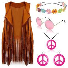 Retro 60s Hippie Party Outfit, Solid Color Fringe Vest, Glasses, Necklace, Earrings, Fun Cosplay Medieval Renaissance Masquerade Ball Christmas Halloween Party Magic Costume Prop, New Vintage Casual