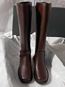 2025秋冬新款中跟及膝靴，简约摩托骑行风格，百搭女性单品 - 棕色 - 查看 3