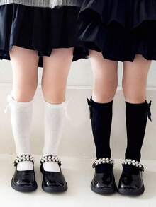 2 Paar Kinder Einfarbige Spitze Schleife Kniestrümpfe, geeignet für 1-12 Jahre alt, weiß, schwarz, navy, passend für den Schulanfang