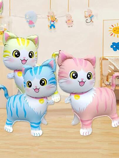 1/2/3pcs Standing Walking Cat Shaped Balloons, Pink/Blue/Yellow, Birthday Party Decoration, Celebration Gift, Indoor Outdoor Decor