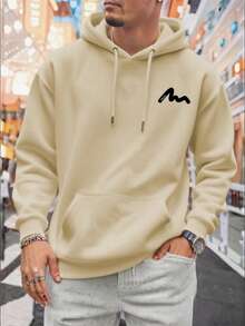 Men's Casual Text Print Drawstring Hooded Long Sleeve Sweatshirt, Fall Winter - Apricot - View 4