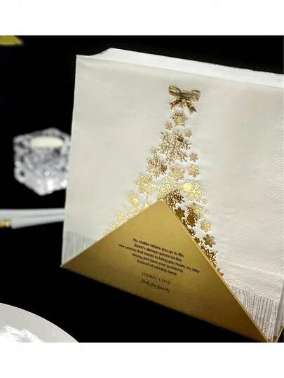 13in Thick Christmas Tree Gold Foil Napkins - White With Gold & Silver Foil Christmas Tree Napkins, Elegant Snowflake Design With Gold Bow Accent, Perfect For Christmas Celebrations, Christmas Party Tabletop Decor, Holiday Party Christmas Tree Placemats