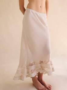 Women's Black Midi Skirt With Lace Ruffle Hem High - Waist Asymmetrical Long Skirt - trắng - Xem 4