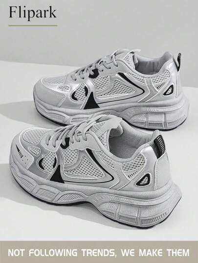 Flipark 1 par de zapatillas deportivas casuales con suela gruesa, transpirables, en patchwork de blanco, gris y negro con malla