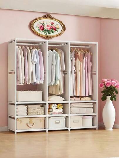 1 pieza Armario portátil, Perchero de ropa para dormitorio en casa de alquiler/dormitorio, Almacenamiento de múltiples capas para ropa, zapatos, bolsos, resistente y a prueba de polvo