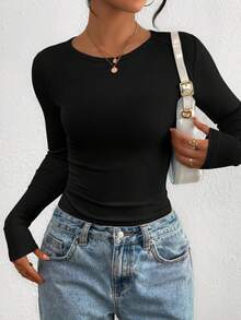 PRETTYGARDEN Women Spring And Fall Long Sleeve Shirts Clothes Cute Going Out Tops Ribbed Tight Fitted Plain Basic Tee Tshirts Vacation Outfits For Women - 黑色 - 查看 4