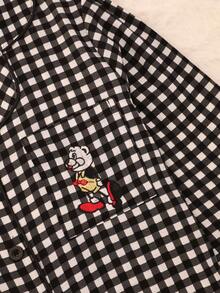 格子家居服套装，甜美可爱的翻领纽扣上衣和长裤，女士睡衣家居服，秋冬服装 - 黑與白 - 查看 4